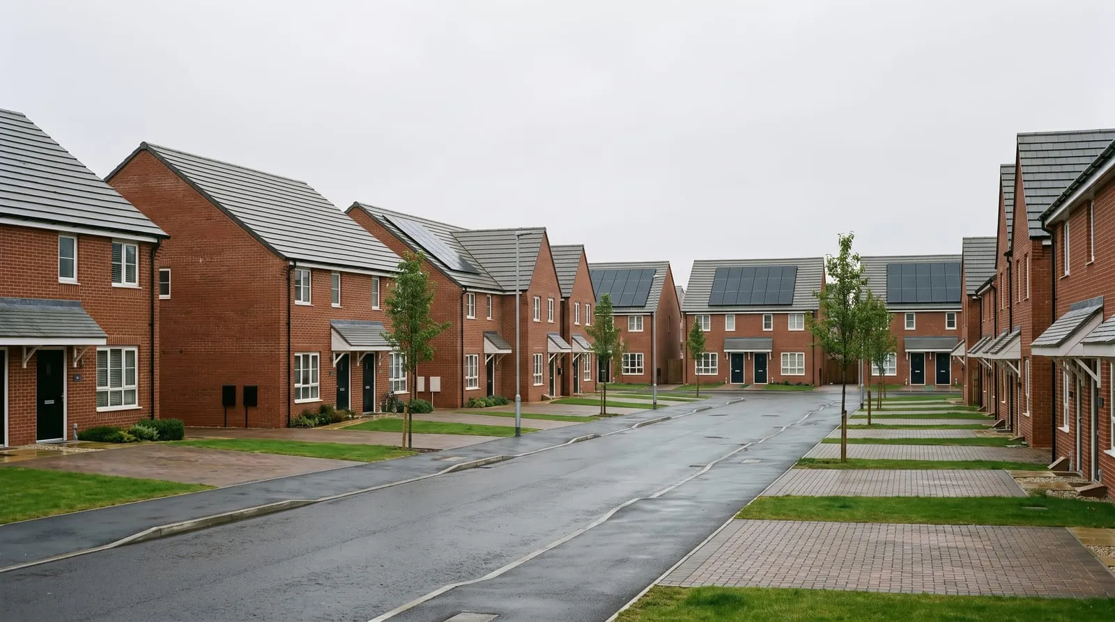 A modern new-build estate with solar panels on several roofs