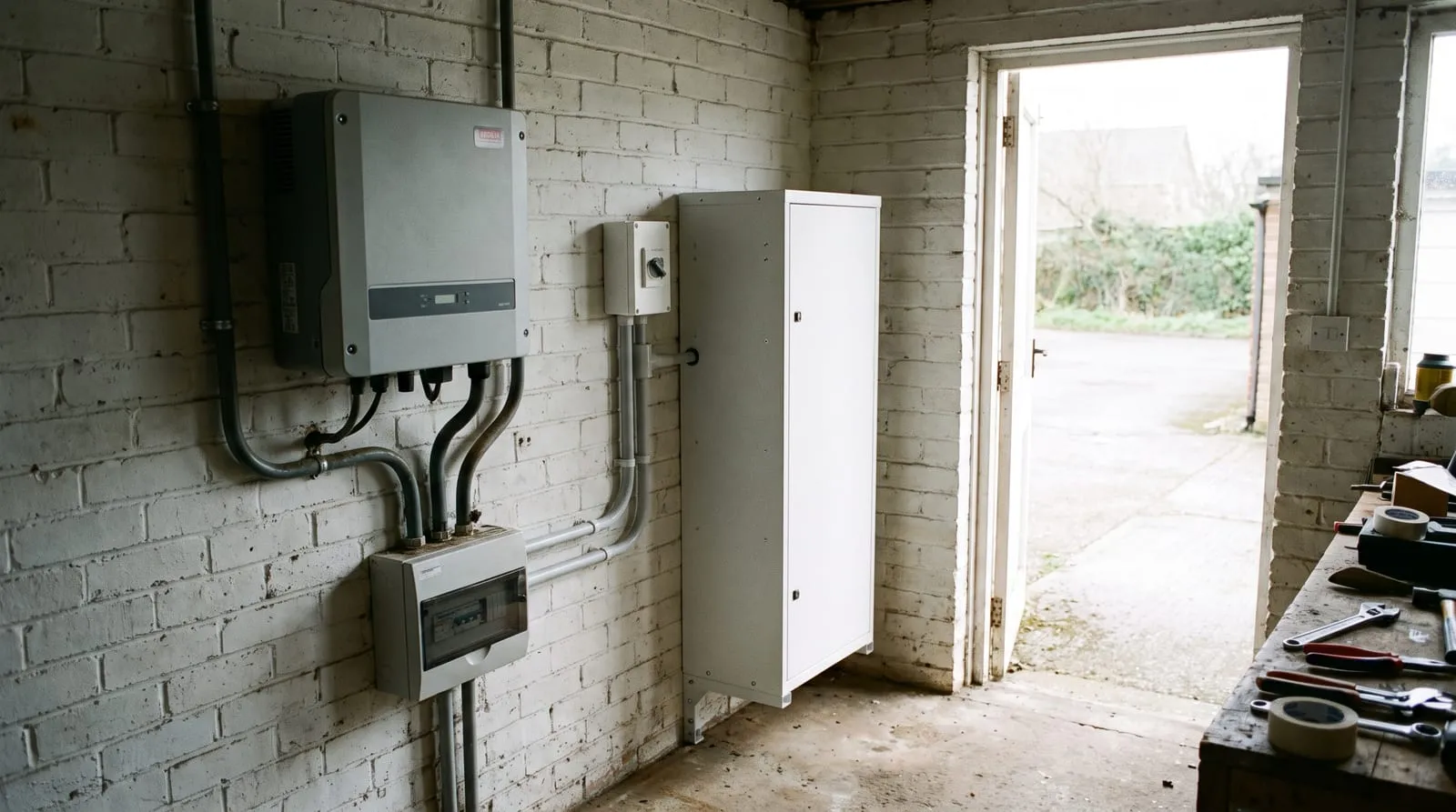 An inverter and a wall-mounted home battery installed in a garage