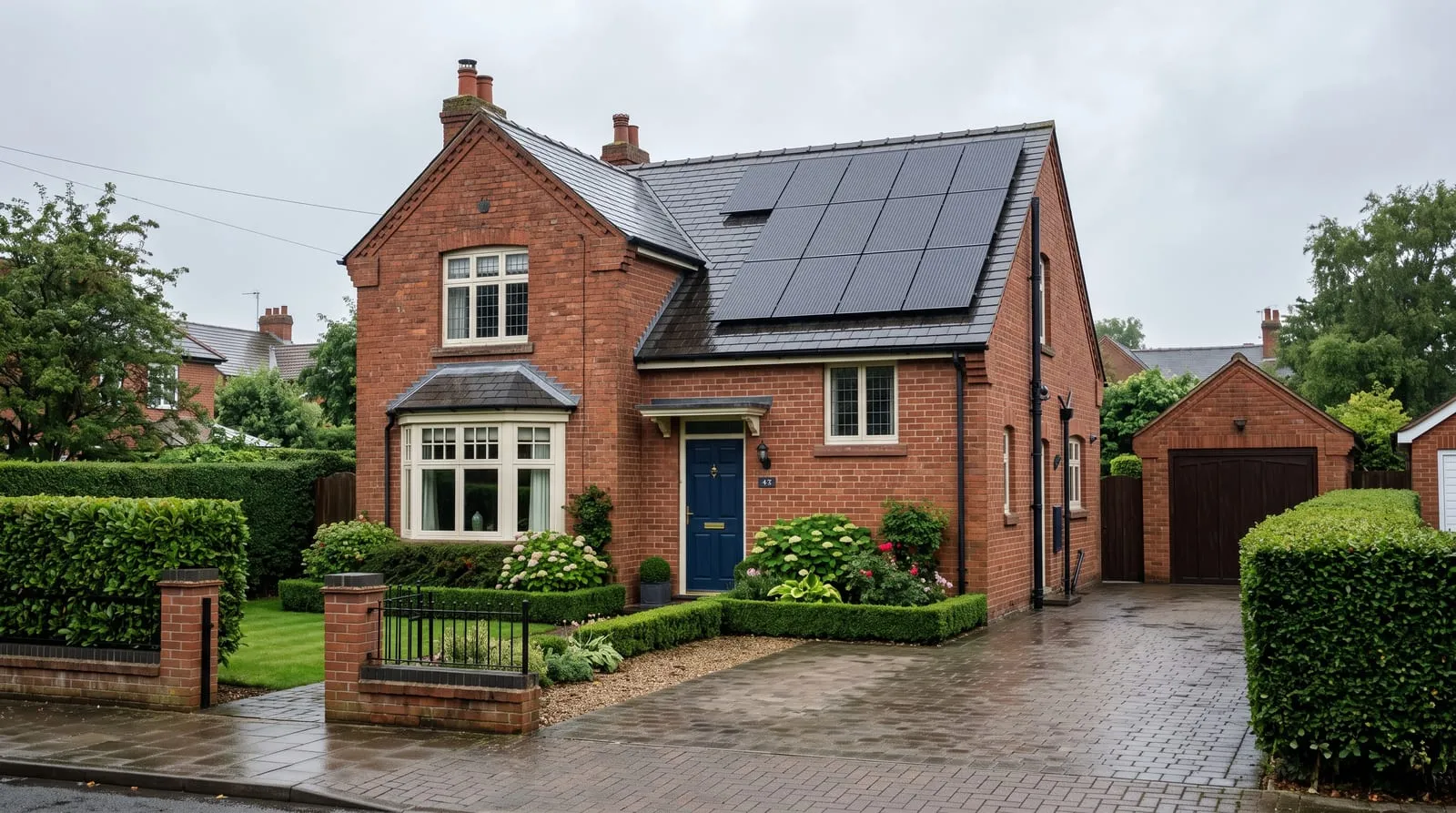 A detached red brick house with solar panels on the roof