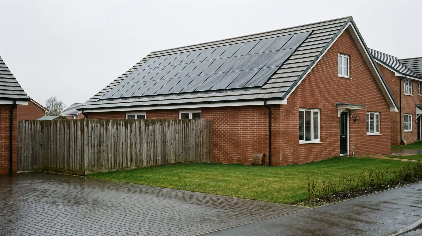 A brick house with a full solar array on one roof slope